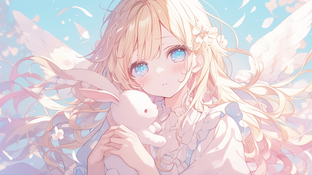 金髪の天使の女の子のフリーイラスト素材(うさぎ)(商用利用可能)