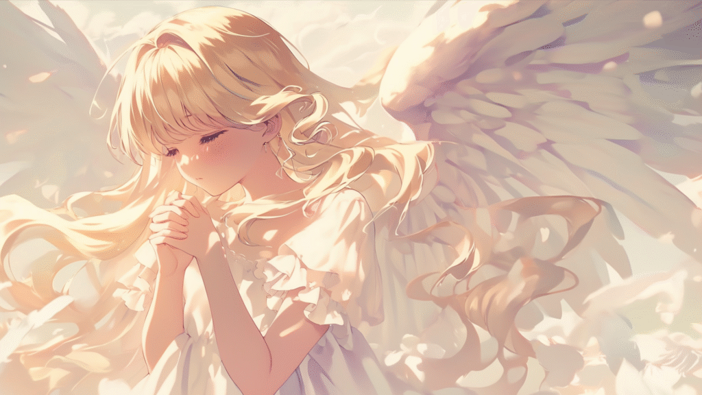金髪の天使の女の子のフリーイラスト素材(祈り)(商用利用可能)