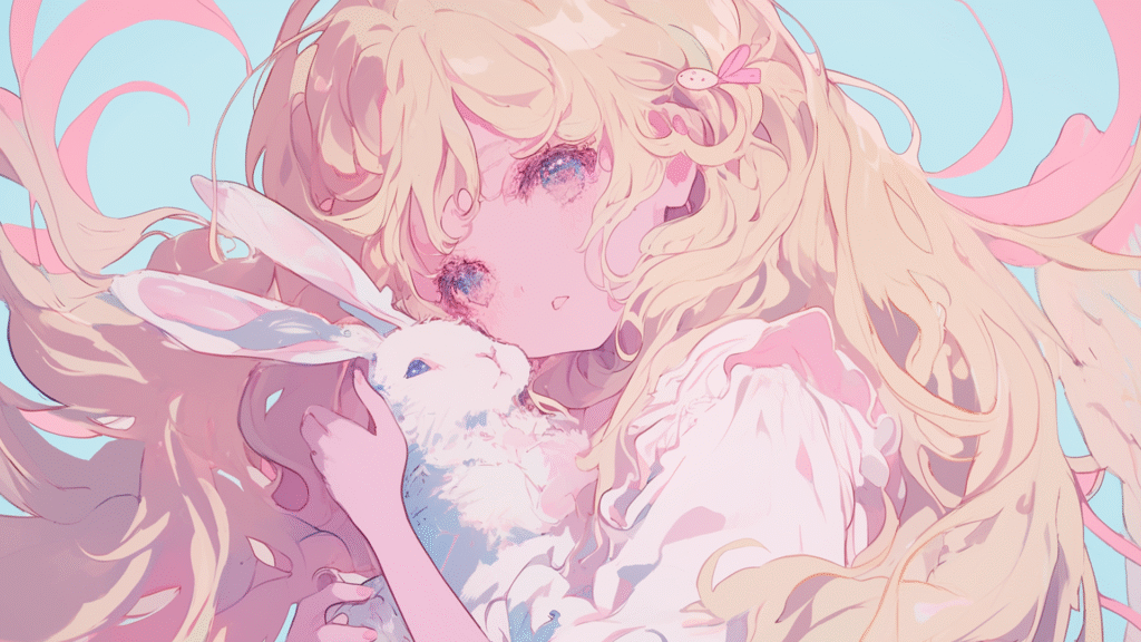 うさぎを抱いた金髪の女の子のフリーイラスト素材(パステル)(商用利用可能)
