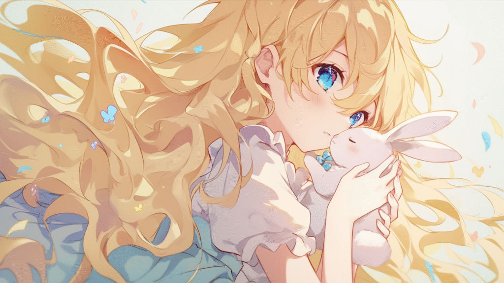 うさぎを抱いた金髪の女の子のフリーイラスト素材(キス)(商用利用可能)