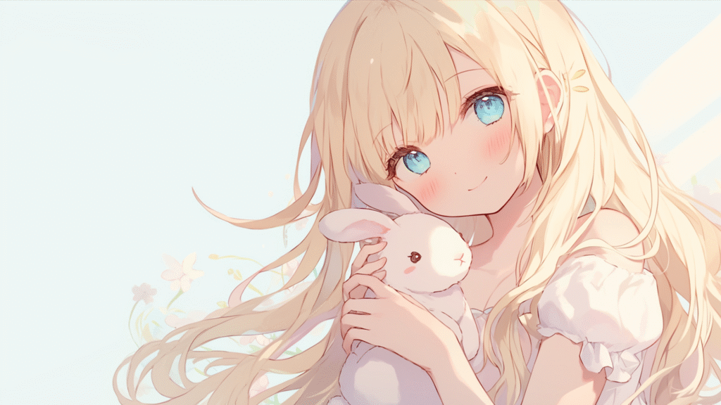 うさぎを抱いた金髪の女の子のフリーイラスト素材(笑顔)(商用利用可能)