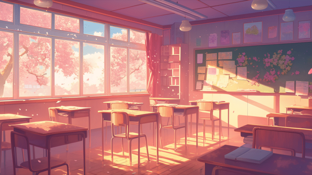 かわいい学校の教室の背景フリー素材(桜)(商用利用可能)