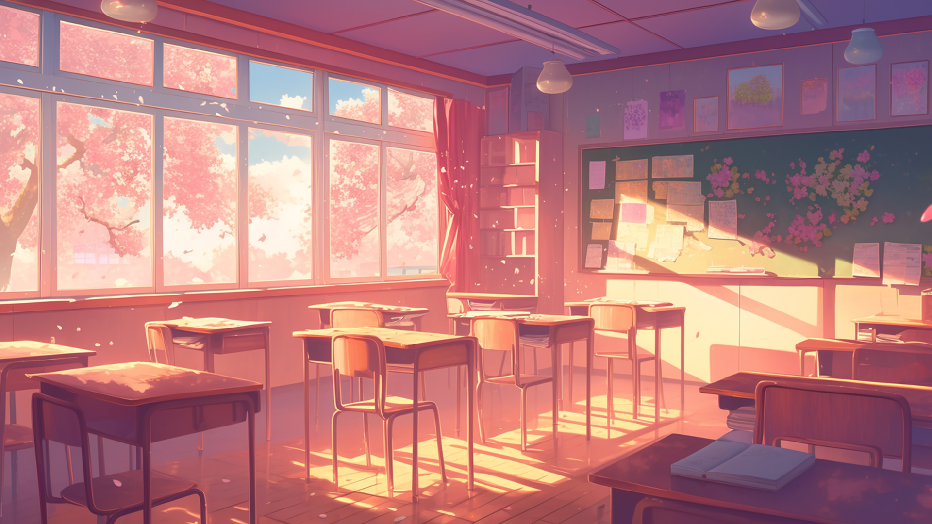 かわいい学校の教室のフリーイラスト素材（桜）（商用利用可能）