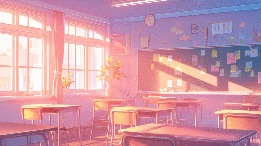 かわいい学校の教室の背景フリー素材(夕暮れ)(商用利用可能)