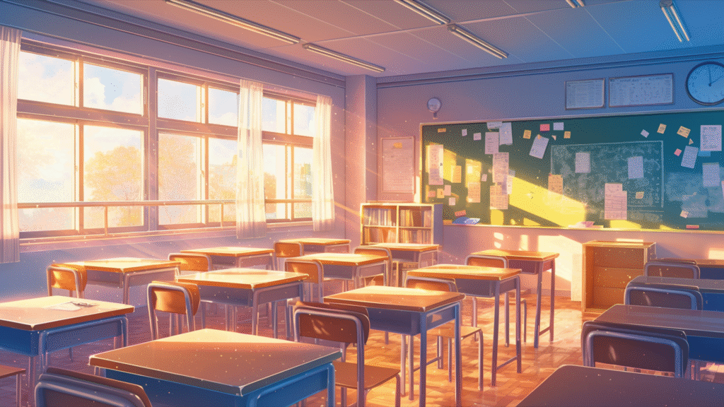 かわいい学校の教室の背景フリー素材(放課後)(商用利用可能)