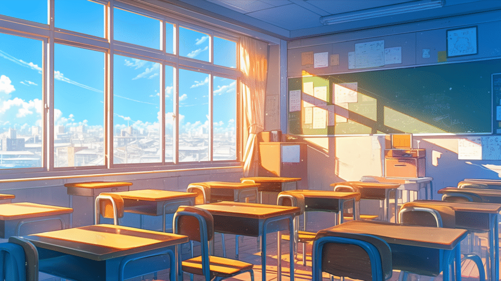 かわいい学校の教室の背景フリー素材(朝)(商用利用可能)
