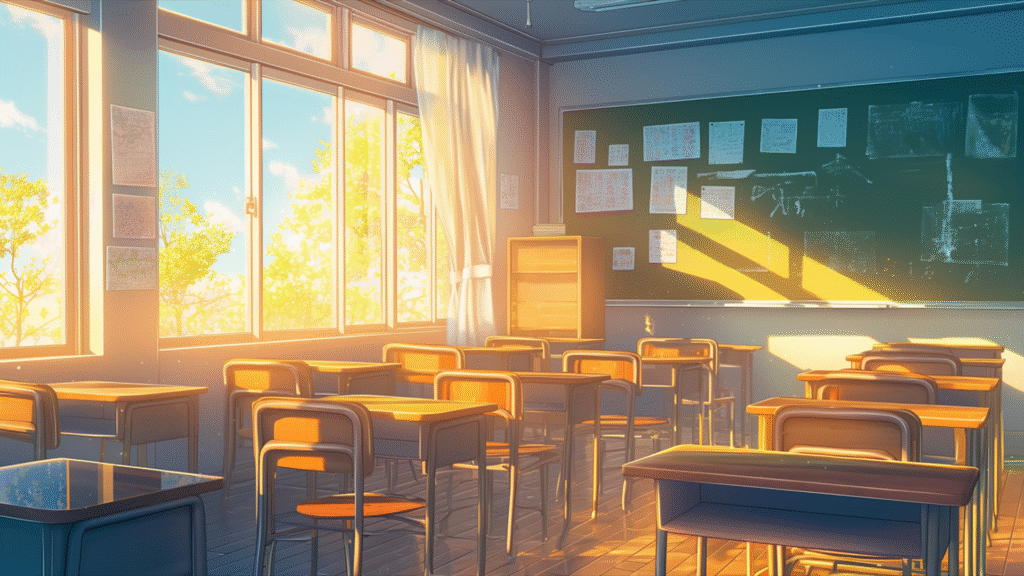 かわいい学校の教室の背景フリー素材(放課後)(商用利用可能)